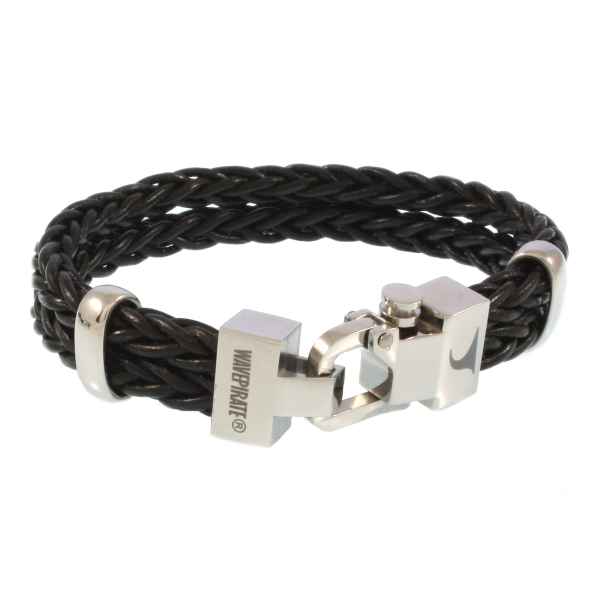 Leder-Armband-Herren-Turn-schwarz-geflochten-Edelstahlverschluss-vorn-wavepirate-shop-z8