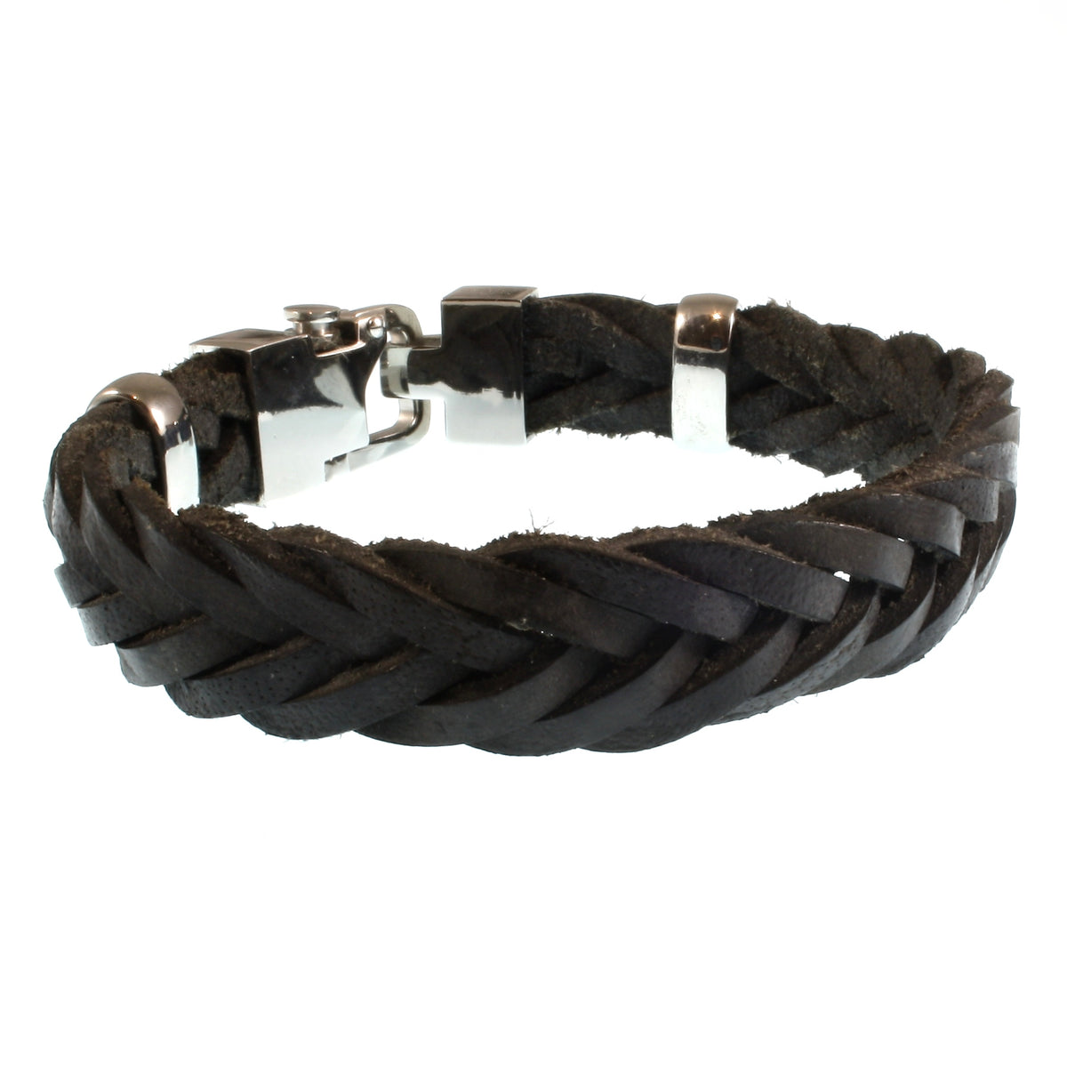 Leder-Armband-Herren-Turn-schwarz-geflochten-flach-Edelstahlverschluss-hinten-wavepirate-shop-f15