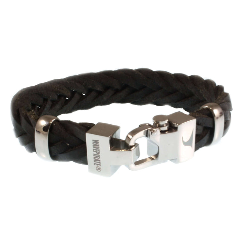 Leder-Armband-Herren-Turn-schwarz-geflochten-flach-Edelstahlverschluss-vorn-wavepirate-shop-f15
