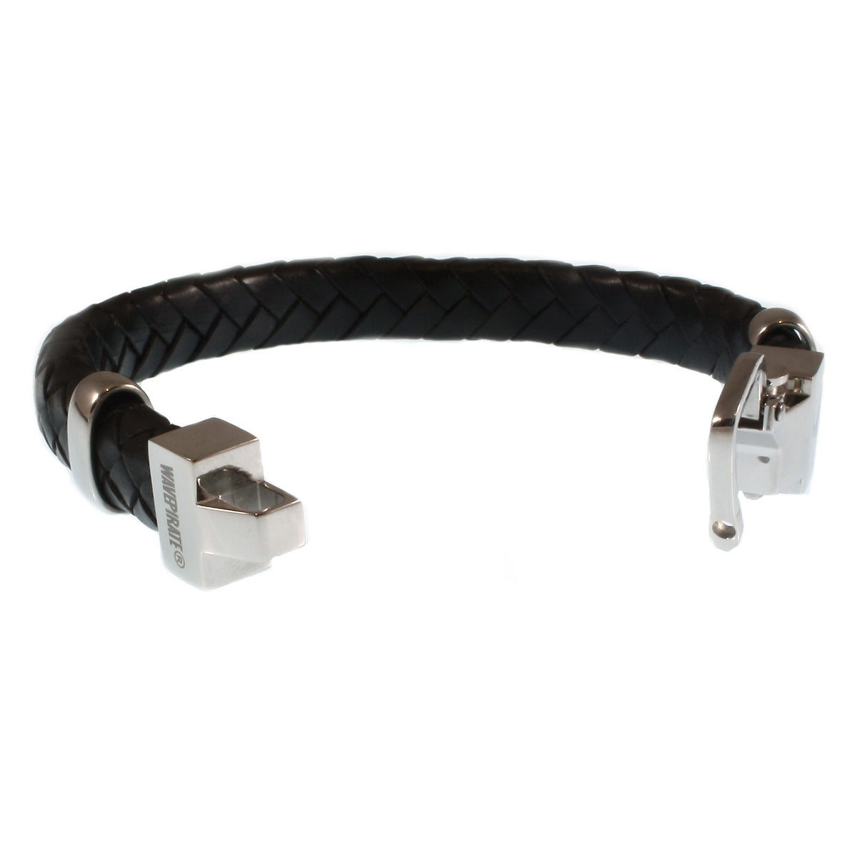 Leder-Armband-Herren-Turn-schwarz-geflochten-oval-Edelstahlverschluss-offen-wavepirate-shop-ov