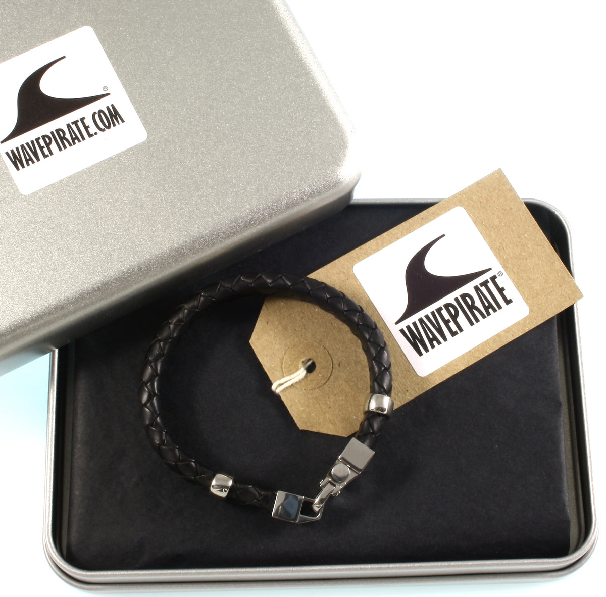 Leder-Armband-Herren-Turn-schwarz-geflochten-oval-Edelstahlverschluss-verpackt-wavepirate-shop-ov