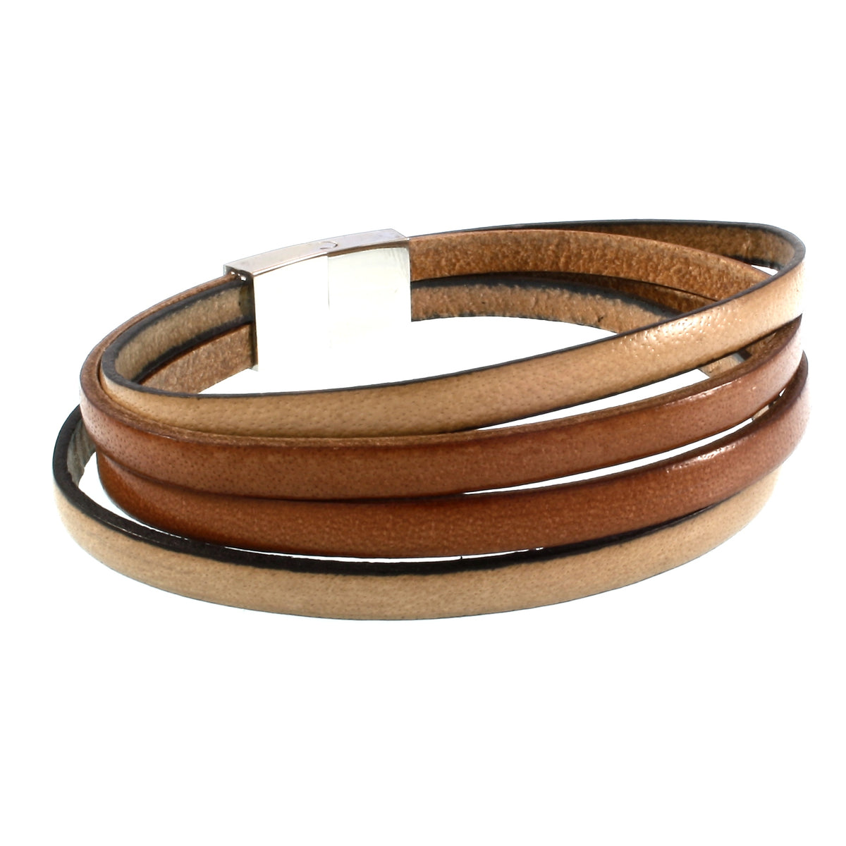Leder-Armband-Herren-Twist-cognac-elfenbein-flach-Edelstahlverschluss-hinten-wavepirate-shop