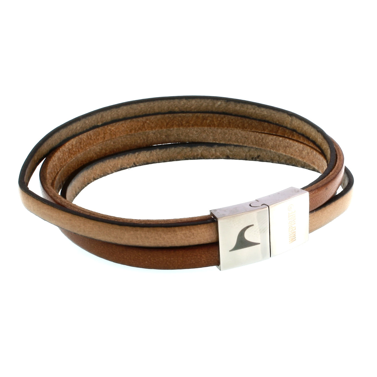 Leder-Armband-Herren-Twist-cognac-elfenbein-flach-Edelstahlverschluss-vorn-wavepirate-shop
