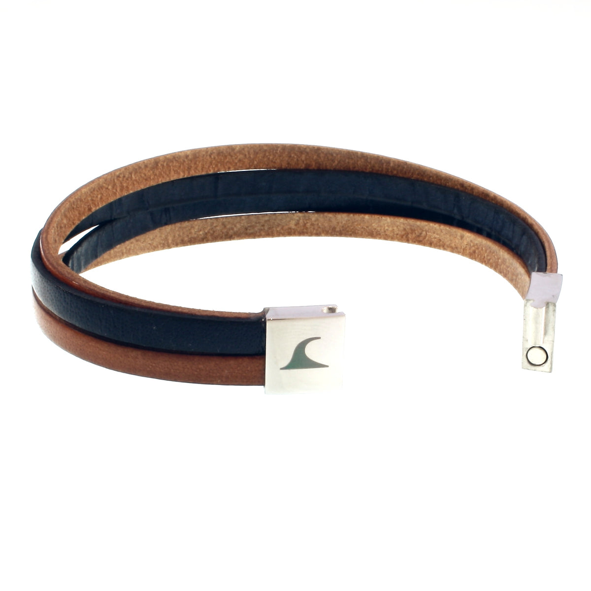 Leder-Armband-Herren-Twist-cognac-navy-flach-Edelstahlverschluss-offen-wavepirate-shop