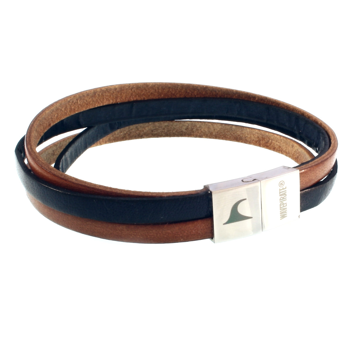 Leder-Armband-Herren-Twist-cognac-navy-flach-Edelstahlverschluss-vorn-wavepirate-shop