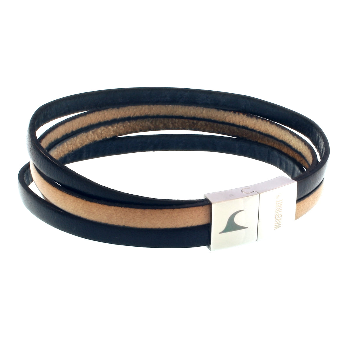 Leder-Armband-Herren-Twist-elfenbein-navy-flach-Edelstahlverschluss-vorn-wavepirate-shop