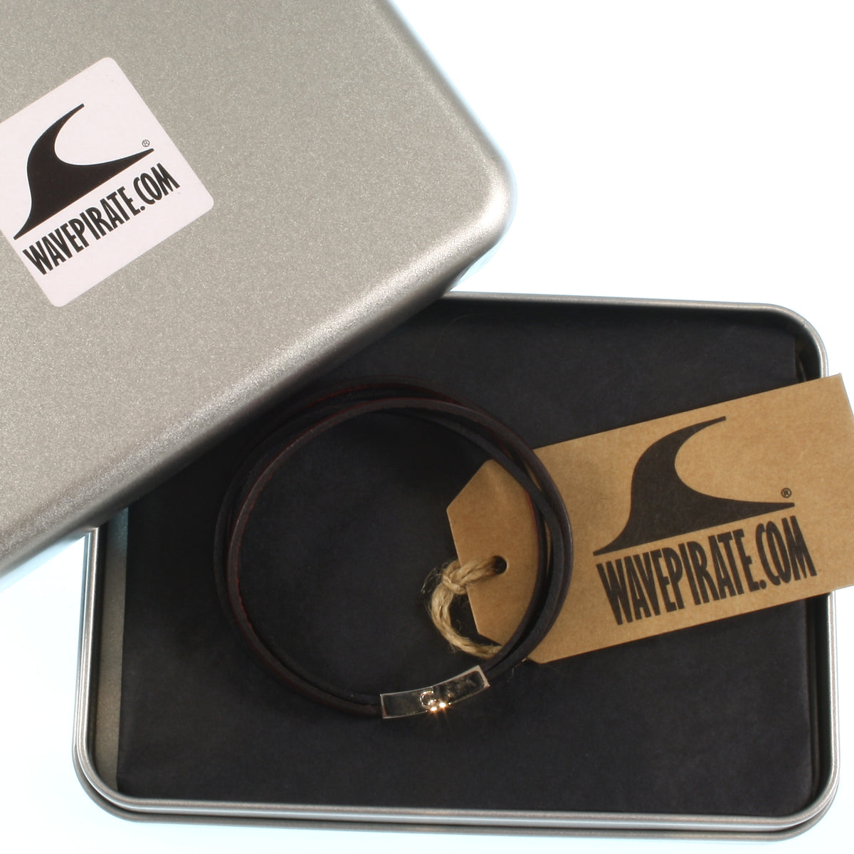 Leder-Armband-Herren-Twist-grau-mahagoni-flach-Edelstahlverschluss-geschenkbox-wavepirate-shop