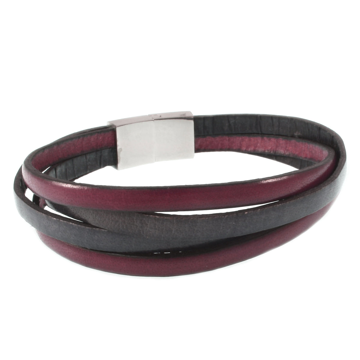 Leder-Armband-Herren-Twist-grau-mahagoni-flach-Edelstahlverschluss-hinten-wavepirate-shop