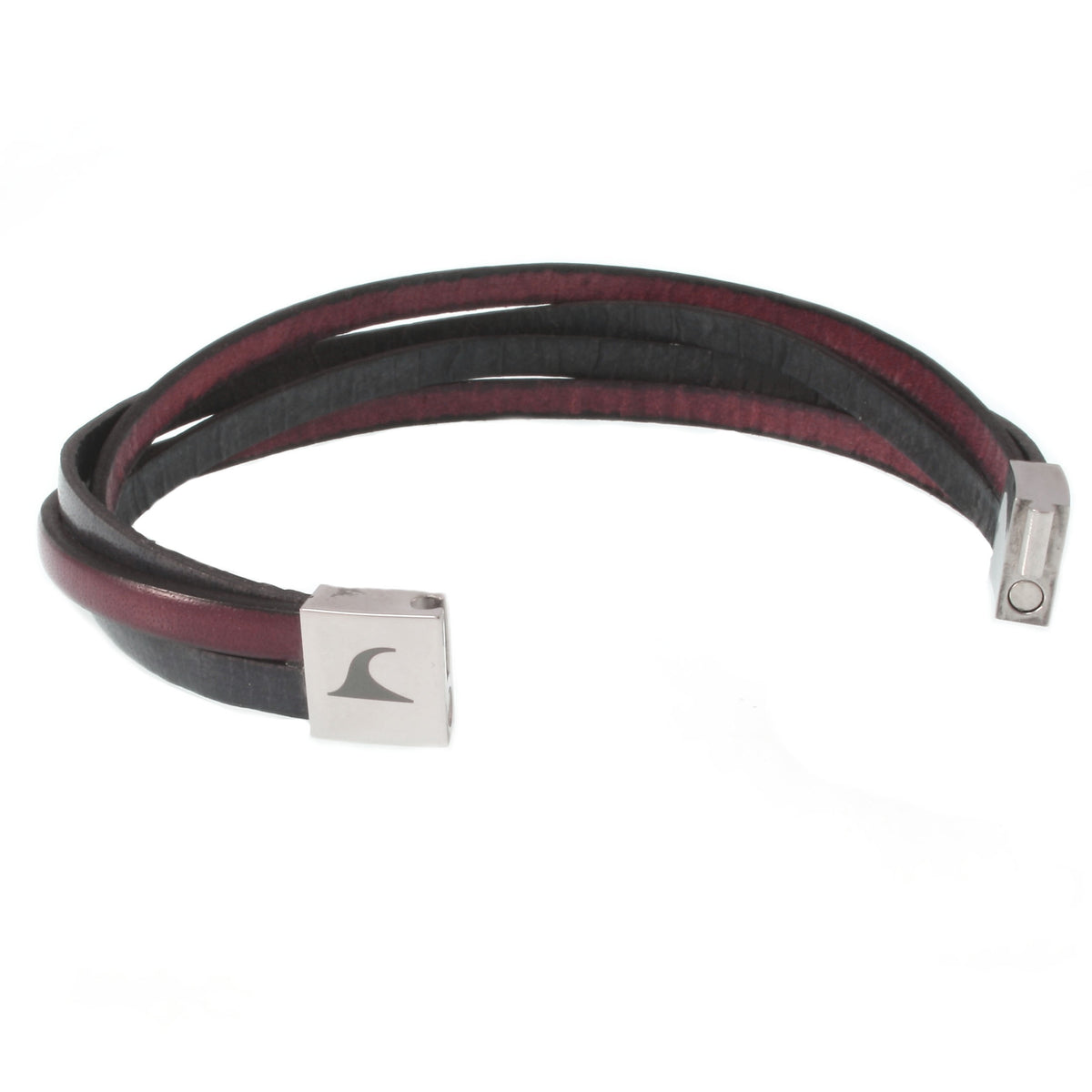 Leder-Armband-Herren-Twist-grau-mahagoni-flach-Edelstahlverschluss-offen-wavepirate-shop