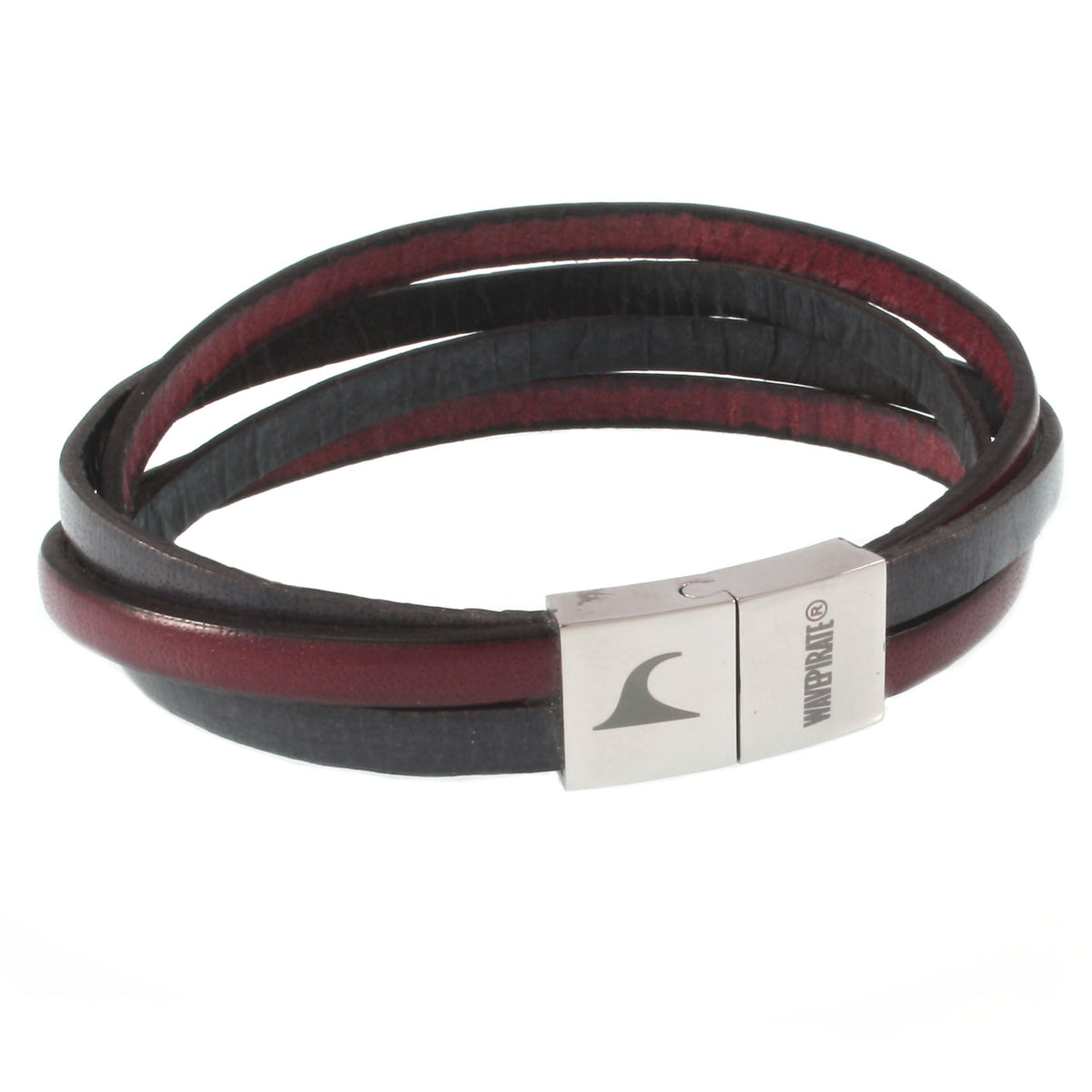 Leder-Armband-Herren-Twist-grau-mahagoni-flach-Edelstahlverschluss-vorn-wavepirate-shop