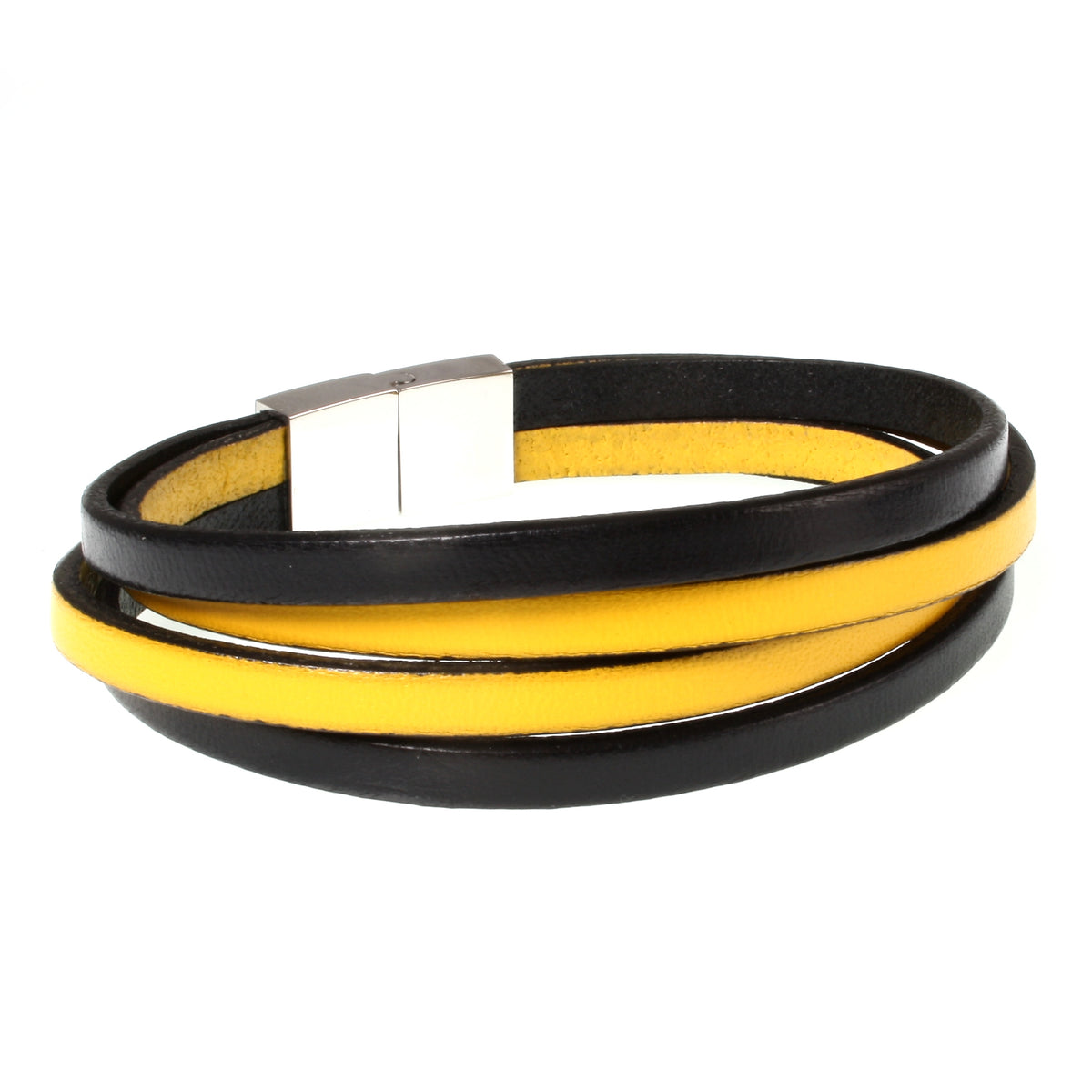 Leder-Armband-Herren-Twist-schwarz-gelb-flach-Edelstahlverschluss-hinten-wavepirate-shop