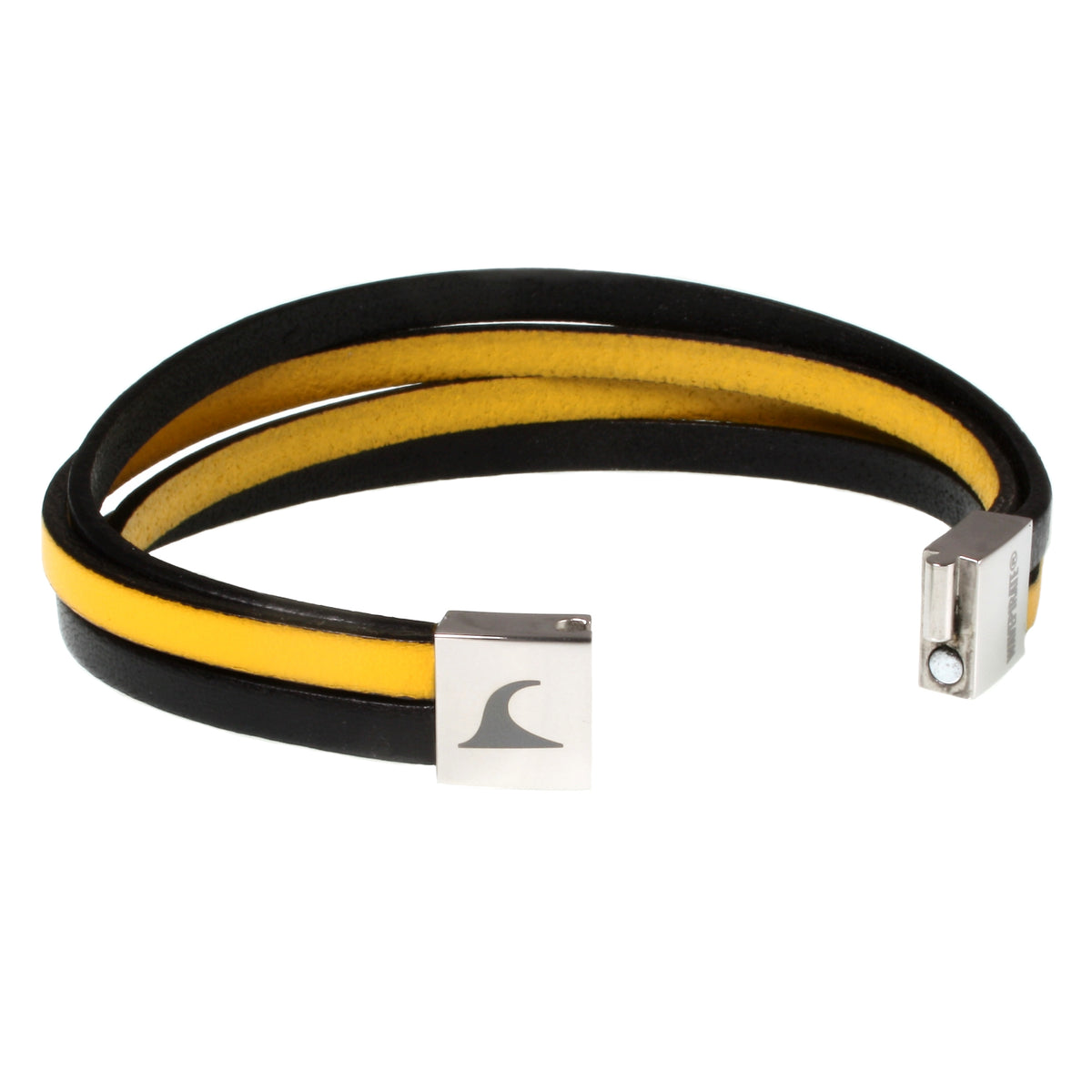 Leder-Armband-Herren-Twist-schwarz-gelb-flach-Edelstahlverschluss-offen-wavepirate-shop
