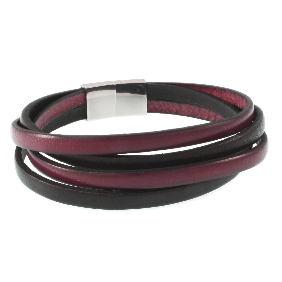 Leder-Armband-Herren-Twist-schwarz-mahagoni-flach-Edelstahlverschluss-hinten-wavepirate-shop