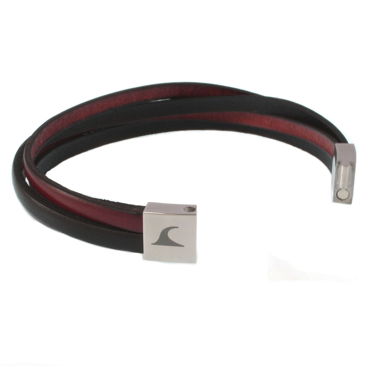 Leder-Armband-Herren-Twist-schwarz-mahagoni-flach-Edelstahlverschluss-offen-wavepirate-shop