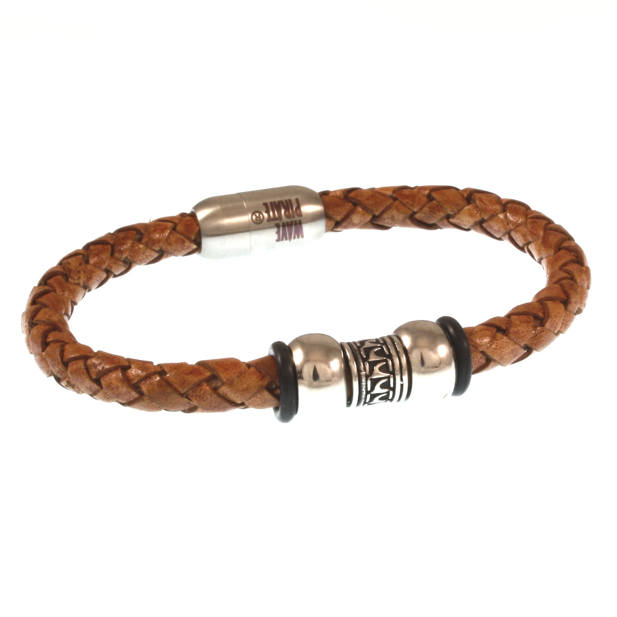 Leder-Armband-Herren-atoll-cognac-silber-geflochten-Edelstahlverschluss-vorn-wavepirate-shop-f