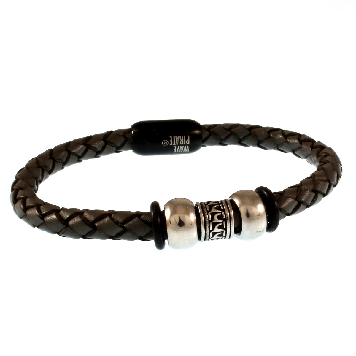 Leder-Armband-Herren-atoll-dunkelgrau-schwarz-geflochten-Edelstahlverschluss-vorn-wavepirate-shop-f
