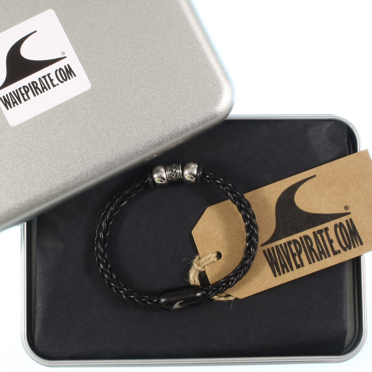 Leder-Armband-Herren-atoll-schwarz-geflochten-Edelstahlverschluss-geschenkverpackung-wavepirate-shop-z8