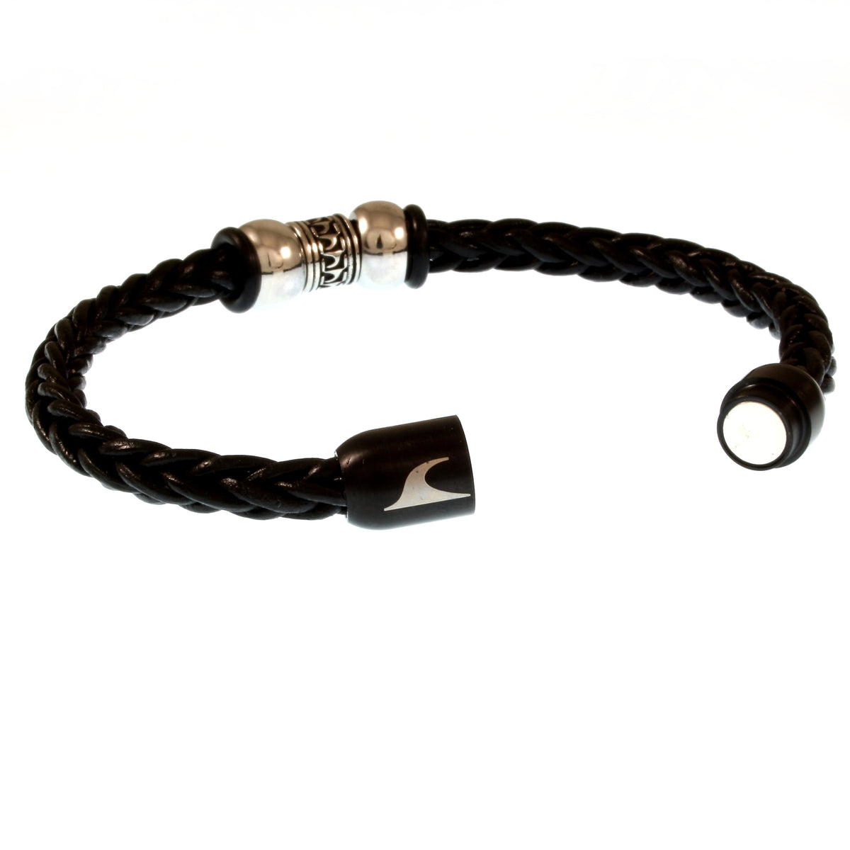 Leder-Armband-Herren-atoll-schwarz-geflochten-Edelstahlverschluss-offen-wavepirate-shop-z8