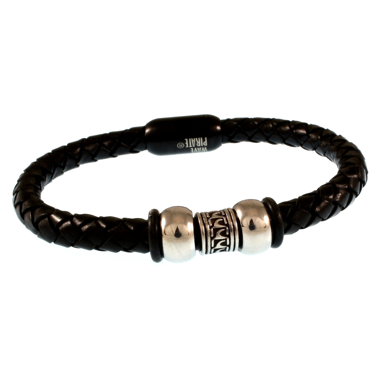 Leder-Armband-Herren-atoll-schwarz-geflochten-Edelstahlverschluss-vorn-wavepirate-shop-f