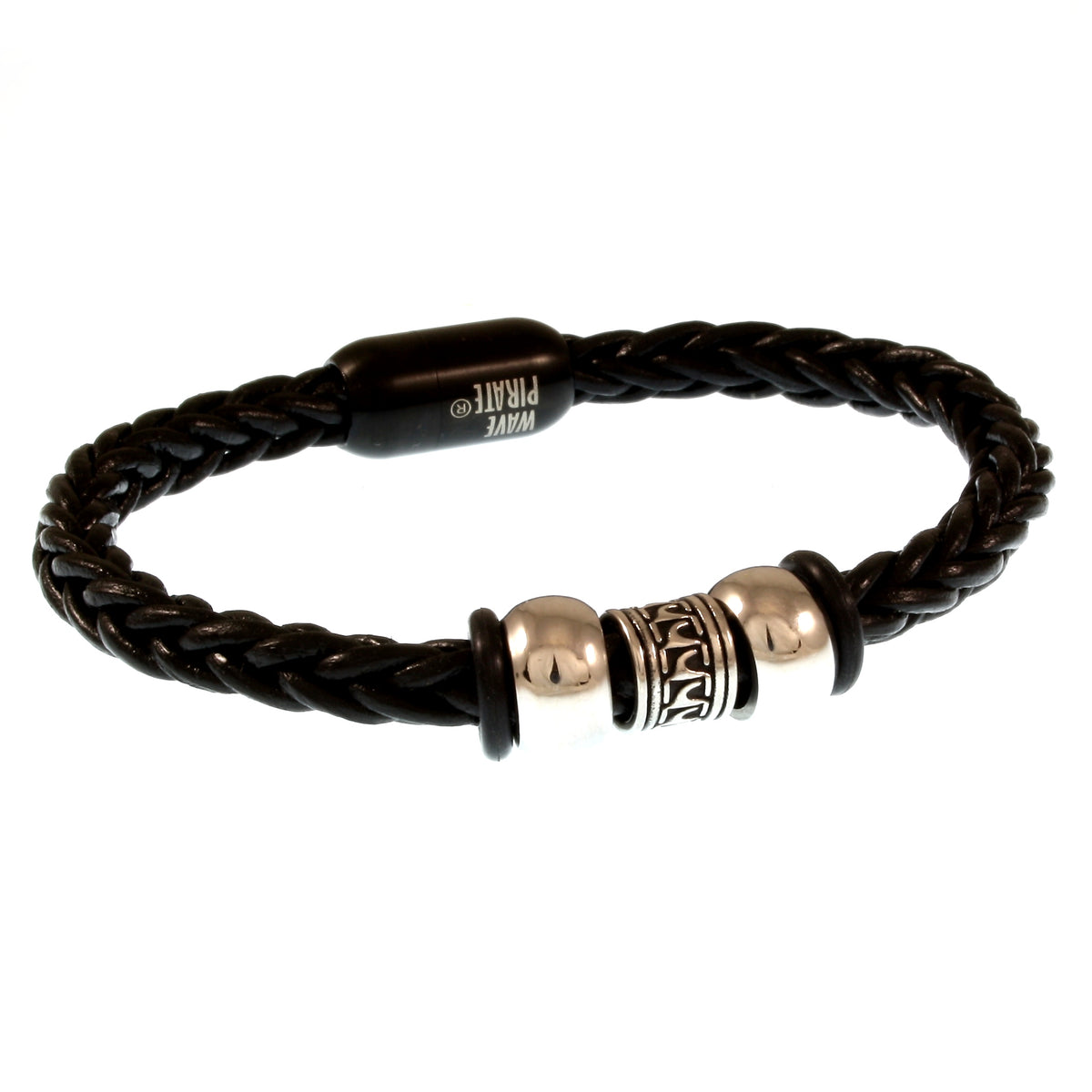 Leder-Armband-Herren-atoll-schwarz-geflochten-Edelstahlverschluss-vorn-wavepirate-shop-z8