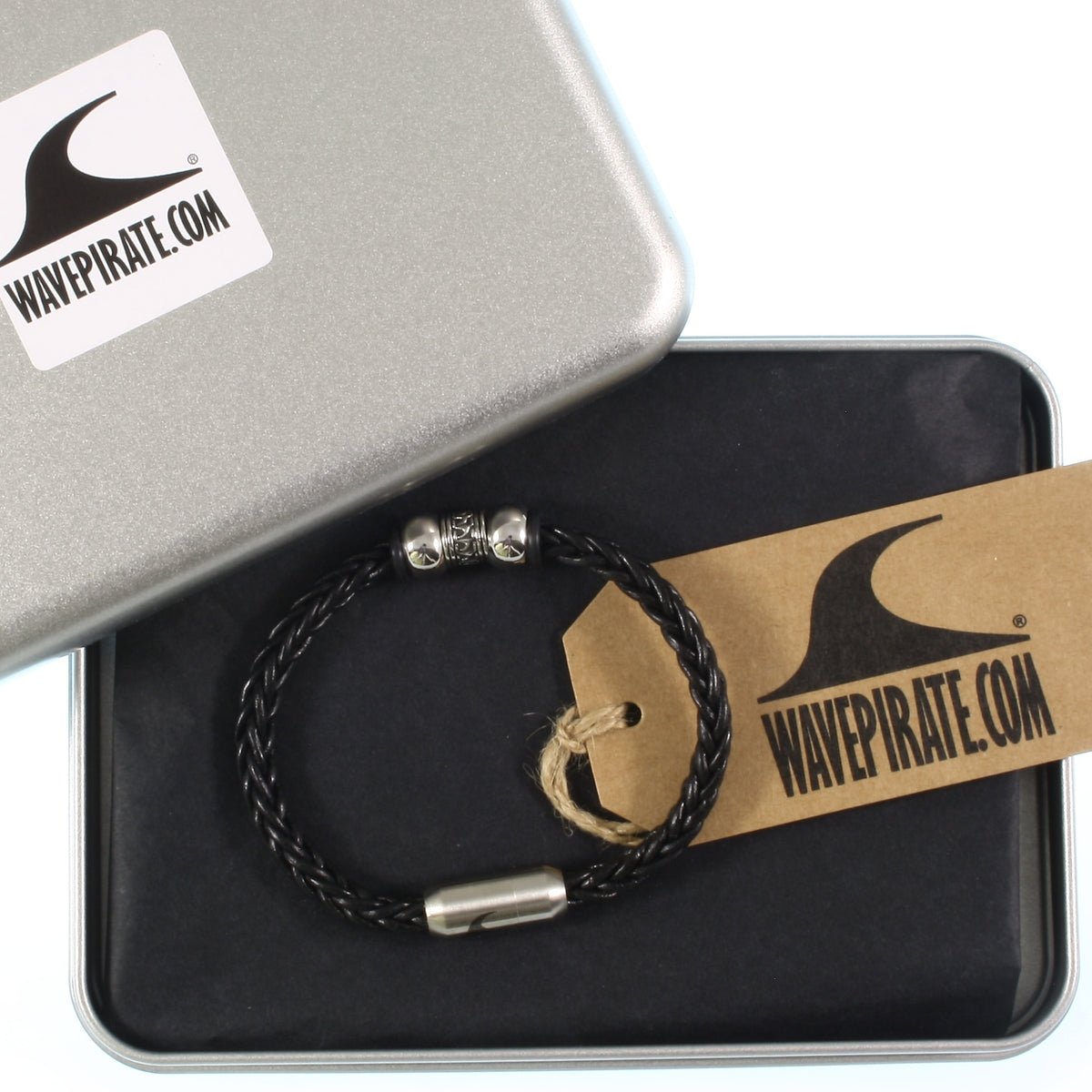 Leder-Armband-Herren-atoll-schwarz-silber-geflochten-Edelstahlverschluss-geschenkverpackung-wavepirate-shop-z8