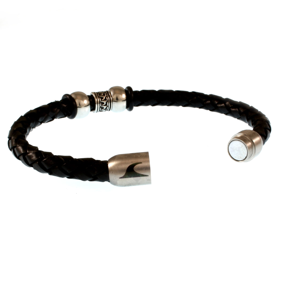 Leder-Armband-Herren-atoll-schwarz-silber-geflochten-Edelstahlverschluss-offen-wavepirate-shop-f