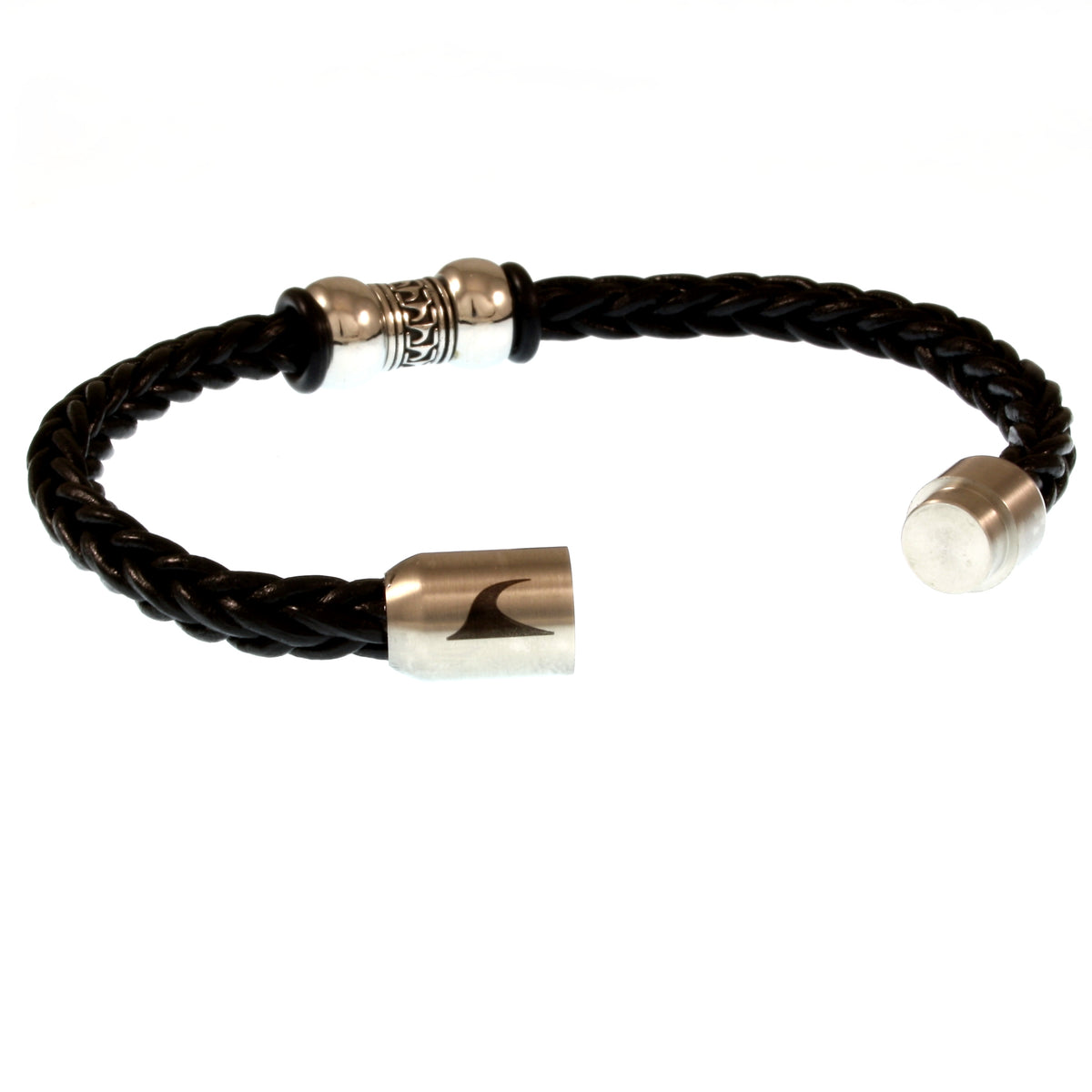 Leder-Armband-Herren-atoll-schwarz-silber-geflochten-Edelstahlverschluss-offen-wavepirate-shop-z8