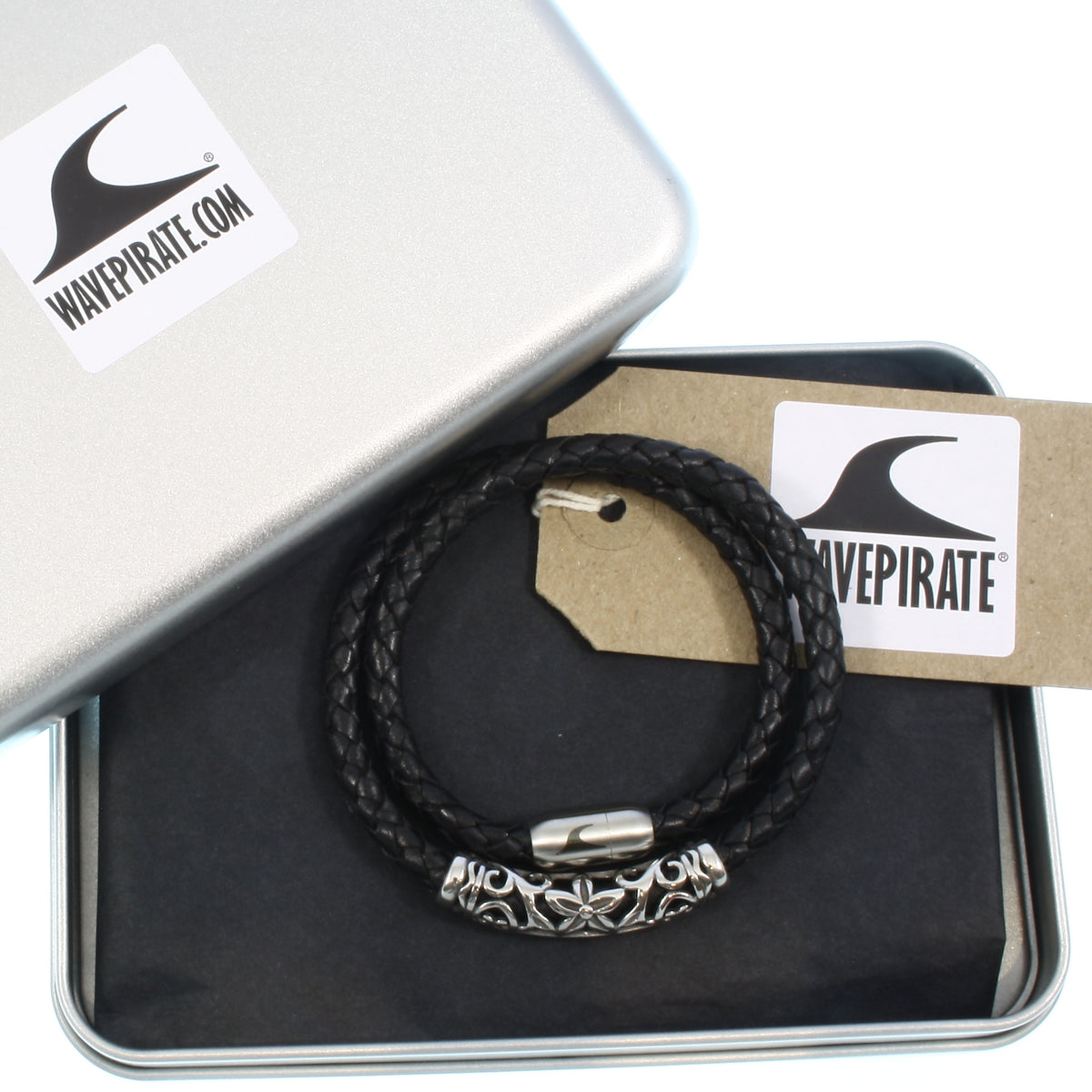 Leder-Armband-Herren-hawaii-xo-schwarz-silber-Edelstahlverschluss-geschenkverpackung-wavepirate-shop-f