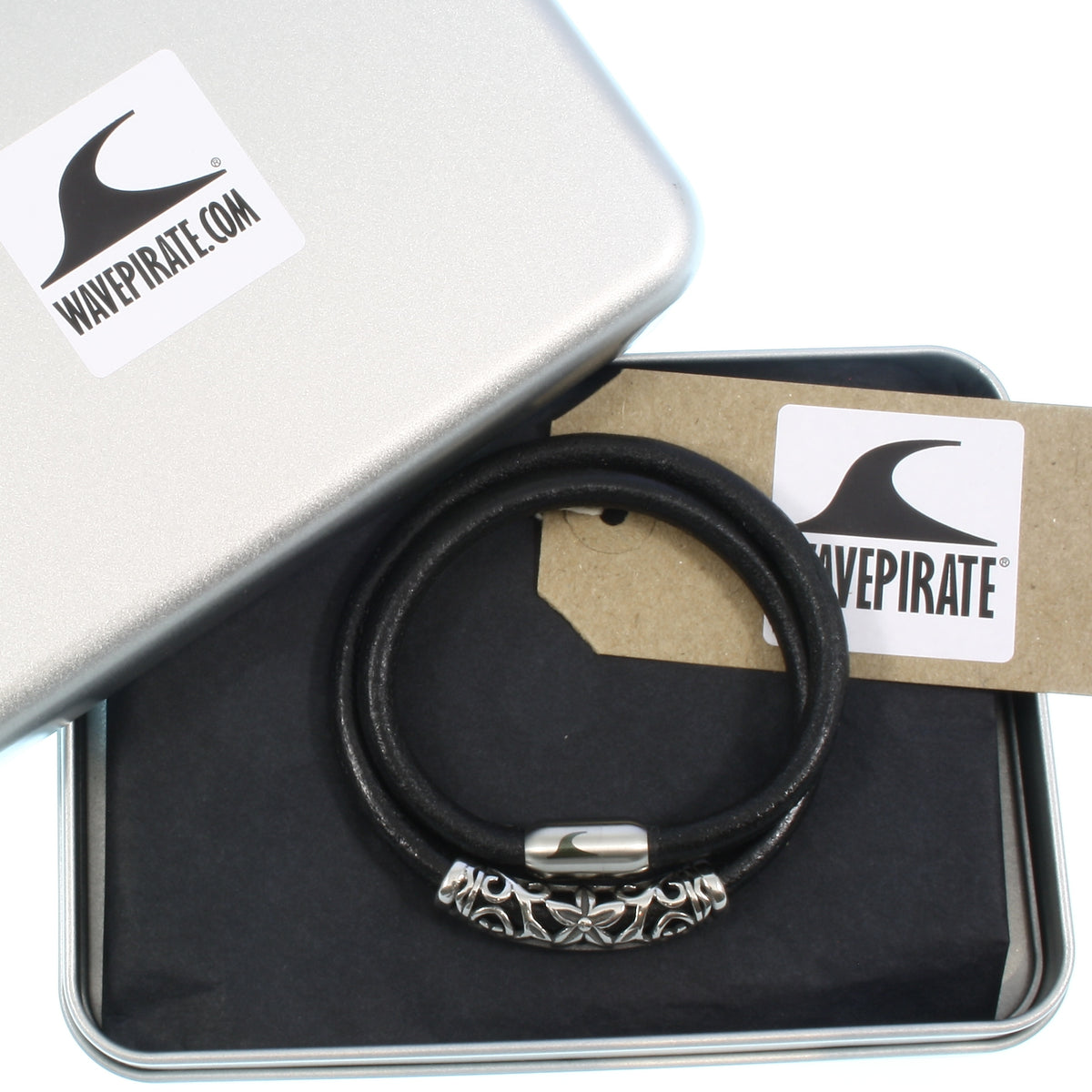 Leder-Armband-Herren-hawaii-xo-schwarz-silber-Edelstahlverschluss-geschenkverpackung-wavepirate-shop-r