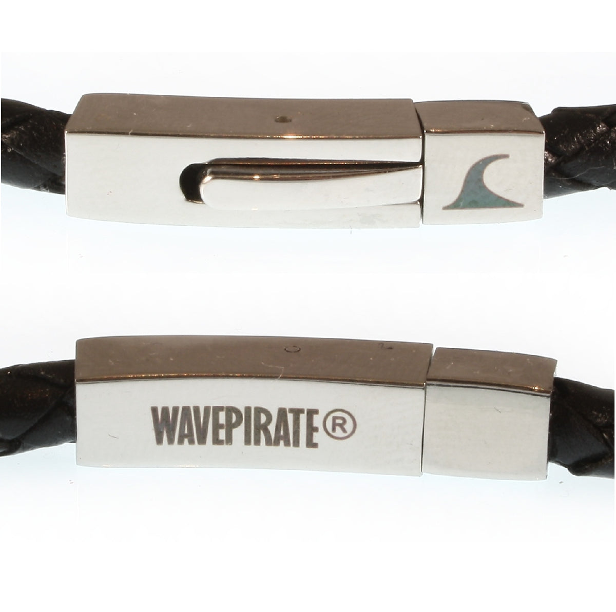 Leder-armband-Herren-damen-one-schwarz-geflochten-Edelstahlverschluss-detail-wavepirate-shop-f
