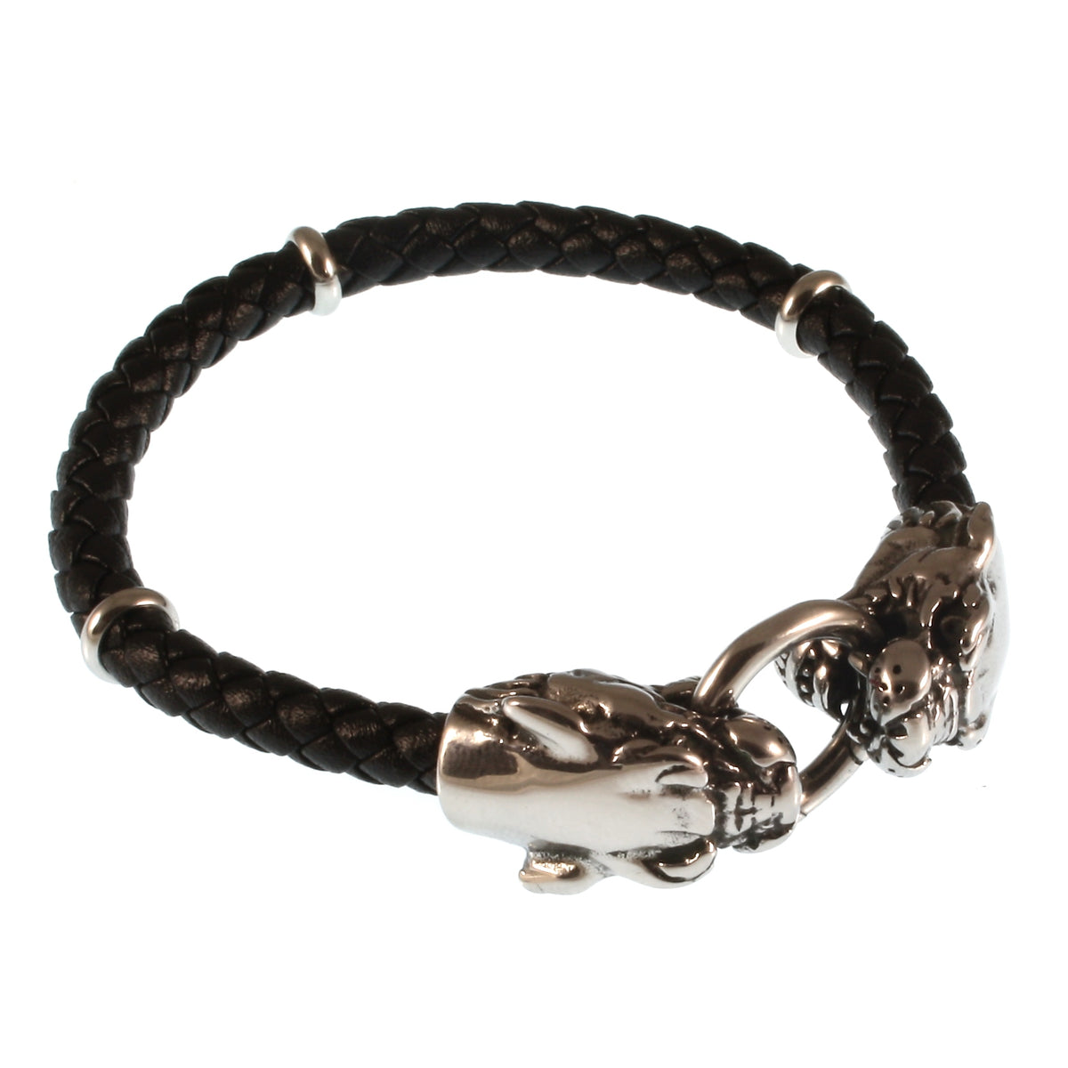 Leder-armband-Herren-lion-schwarz-geflochten-Edelstahlverschluss-vorn-wavepirate-shop-f1