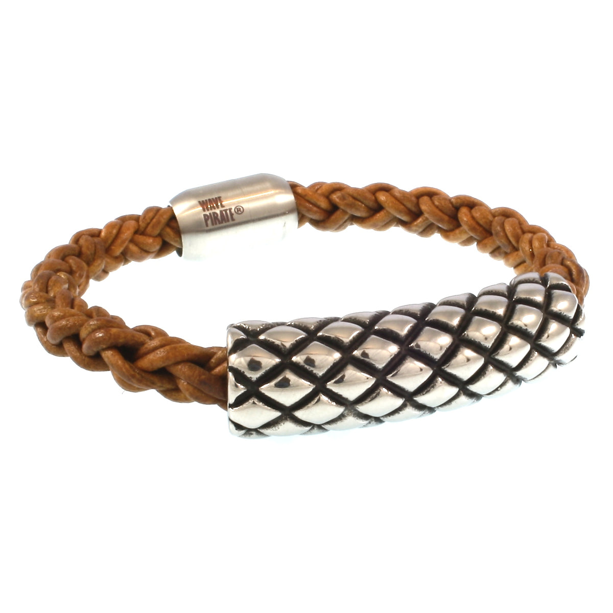 Leder-armband-Herren-max-cognac-geflochten-Edelstahlverschluss-vorn-wavepirate-shop-z