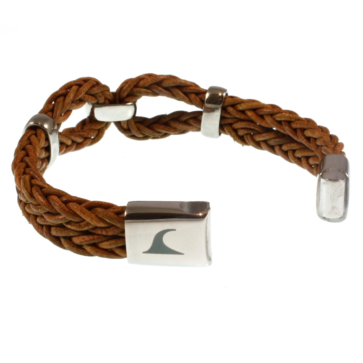 Lederarmband-Damen-roma-cognac-geflochten-Edelstahlverschluss-offen-wavepirate-shop-r