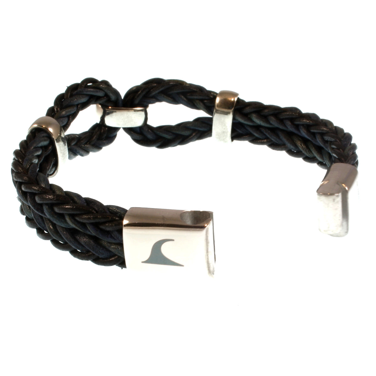 Lederarmband-Damen-roma-schwarz-geflochten-Edelstahlverschluss-offen-wavepirate-shop-r