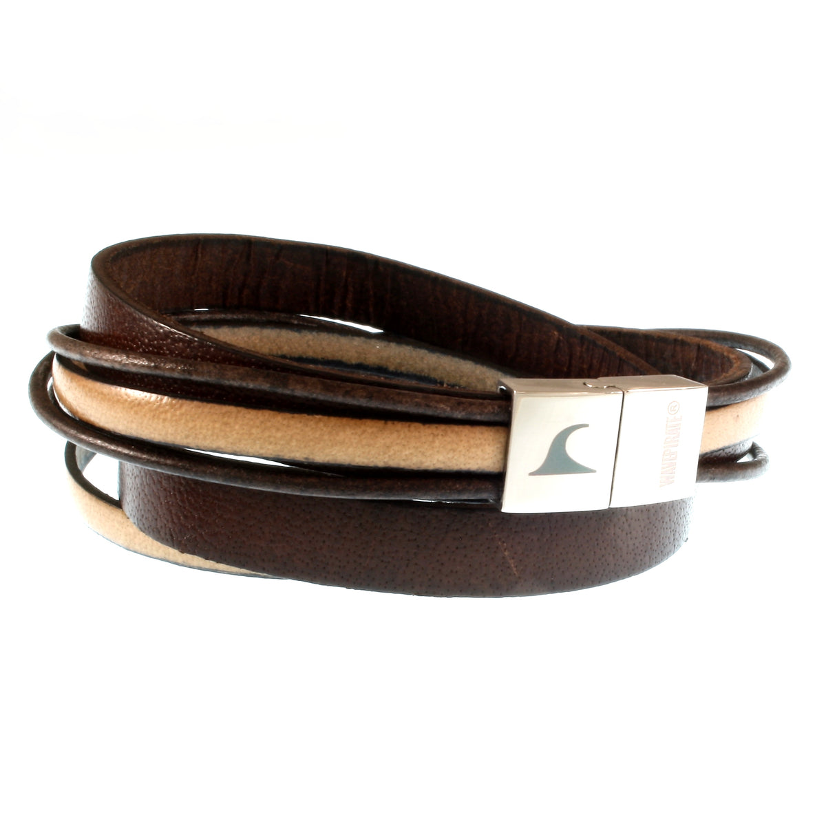 Lederarmband-Herren-Rockstar-braun-elfenbein-flach-Edelstahlverschluss-vorn-wavepirate-shop