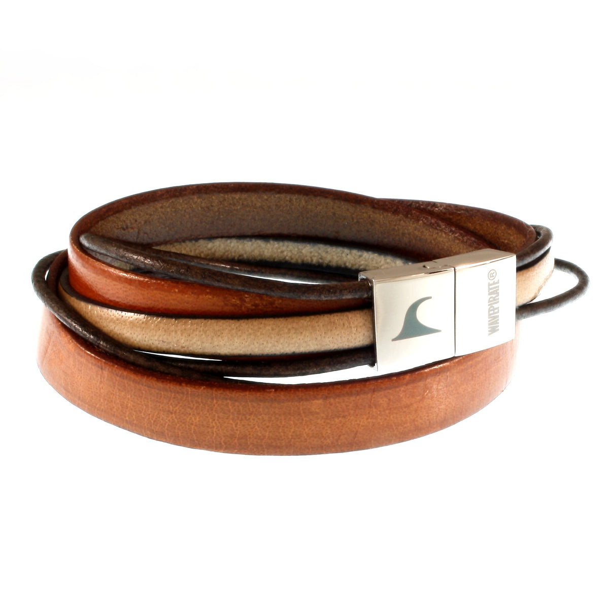 Lederarmband-Herren-Rockstar-cognac-elfenbein-flach-Edelstahlverschluss-vorn-wavepirate-shop