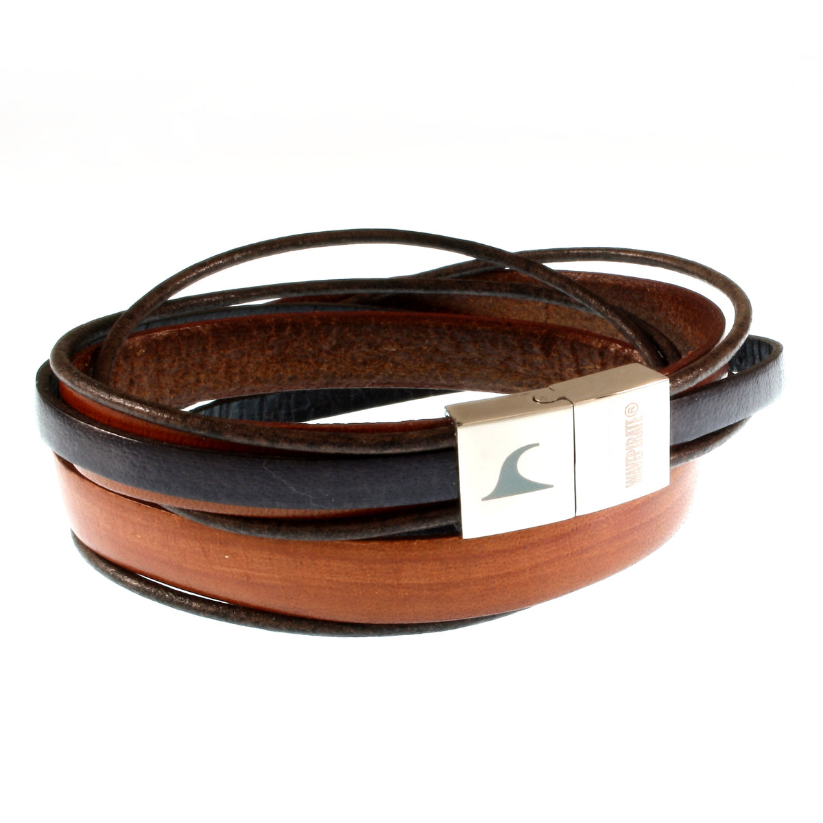Lederarmband-Herren-Rockstar-cognac-grau-flach-Edelstahlverschluss-vorn-wavepirate-shop