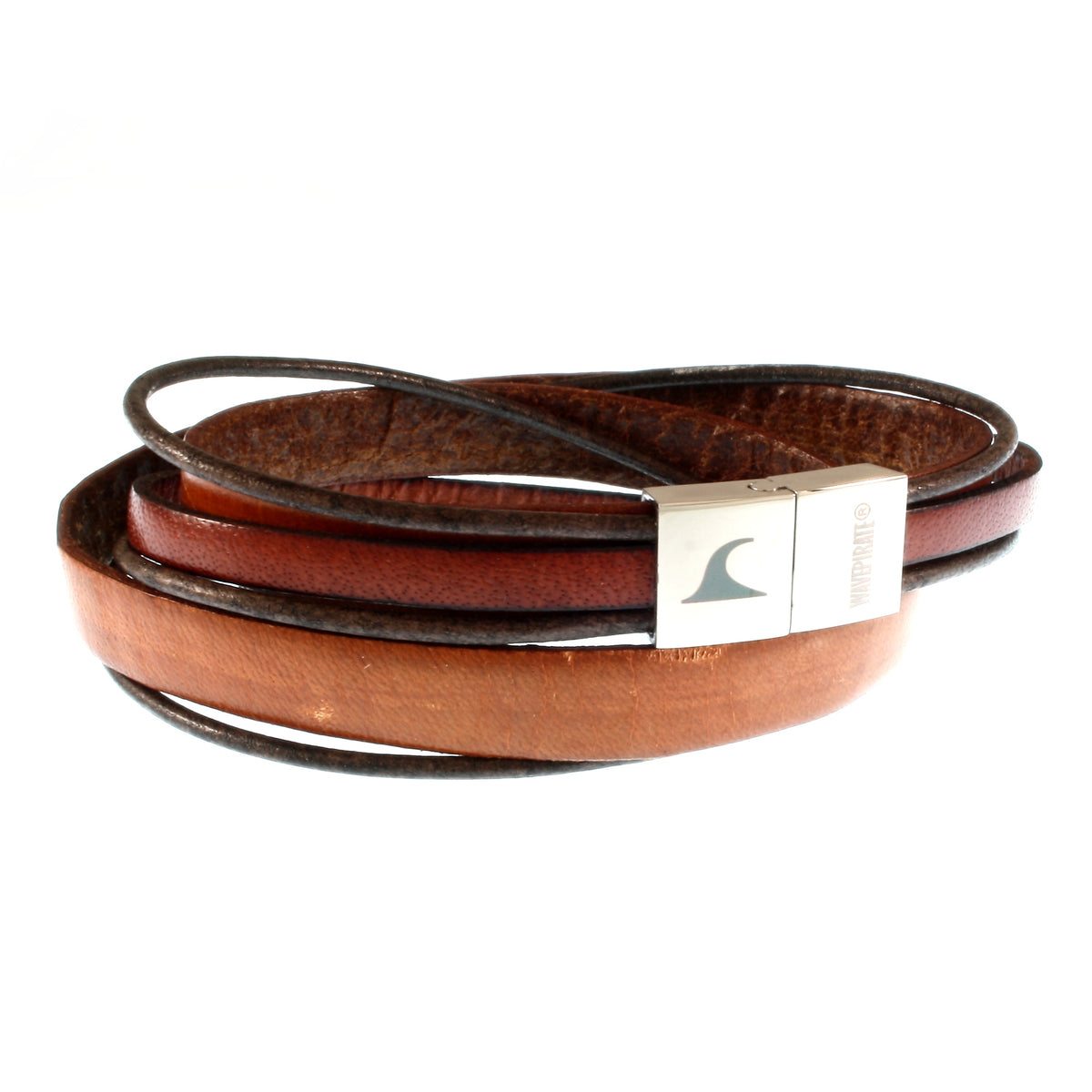 Lederarmband-Herren-Rockstar-cognac-mahagoni-flach-Edelstahlverschluss-vorn-wavepirate-shop