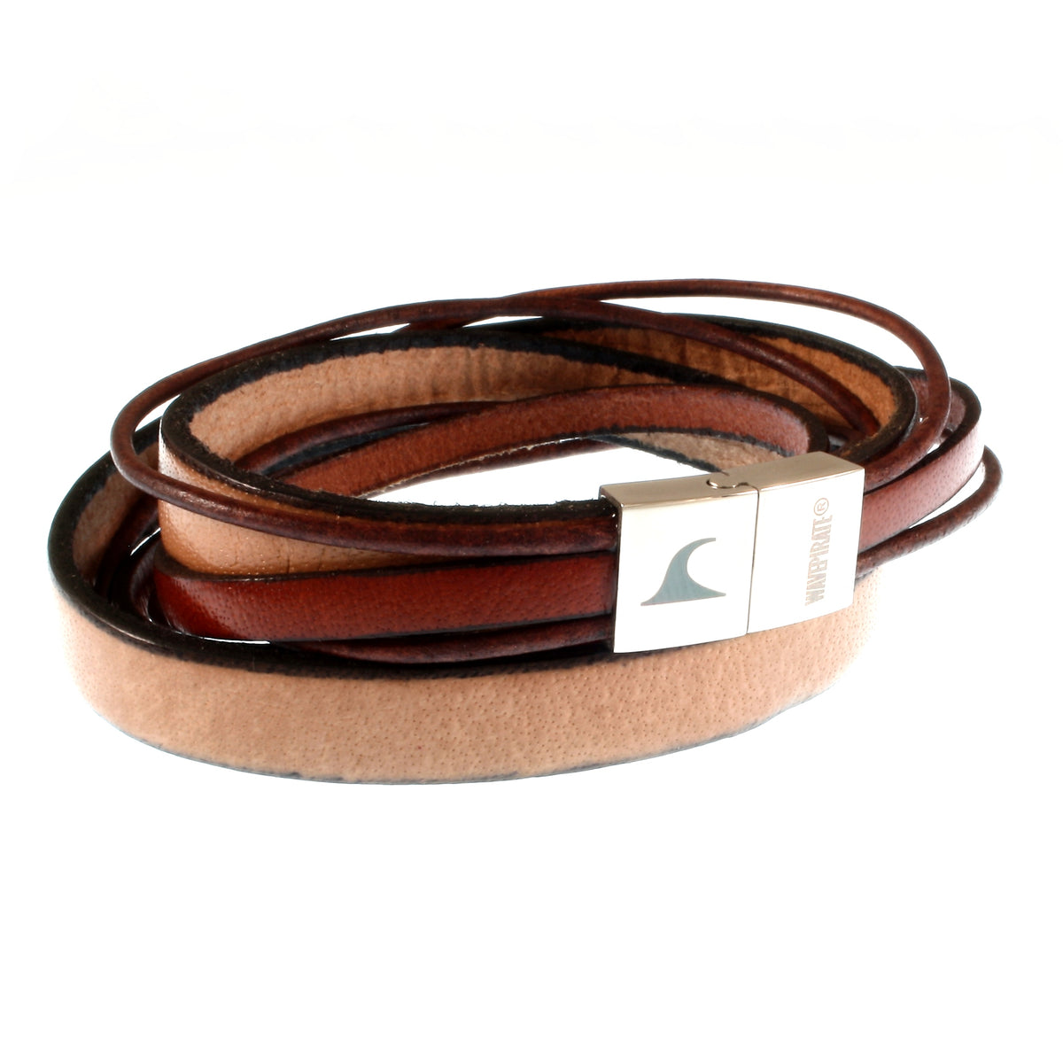 Lederarmband-Herren-Rockstar-creme-mahagoni-flach-Edelstahlverschluss-vorn-wavepirate-shop