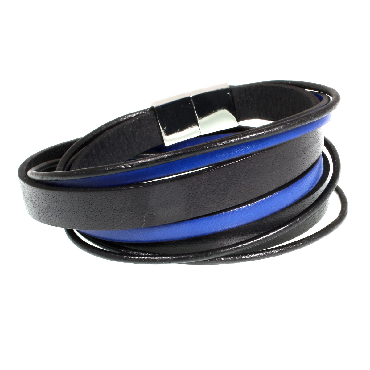 Lederarmband-Herren-Rockstar-schwarz-blau-flach-Edelstahlverschluss-hinten-wavepirate-shop