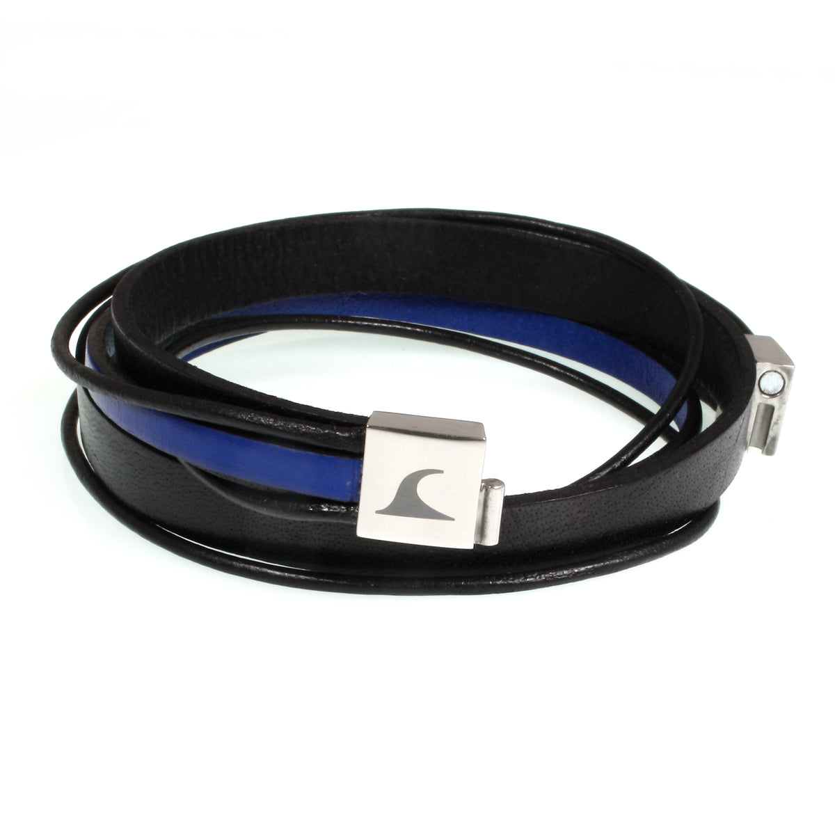 Lederarmband-Herren-Rockstar-schwarz-blau-flach-Edelstahlverschluss-offen-wavepirate-shop
