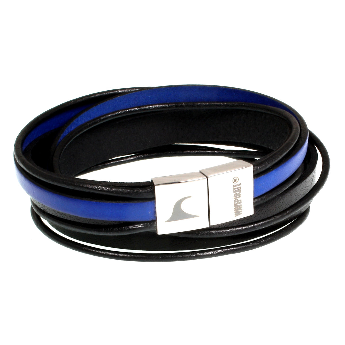 Lederarmband-Herren-Rockstar-schwarz-blau-flach-Edelstahlverschluss-vorn-wavepirate-shop