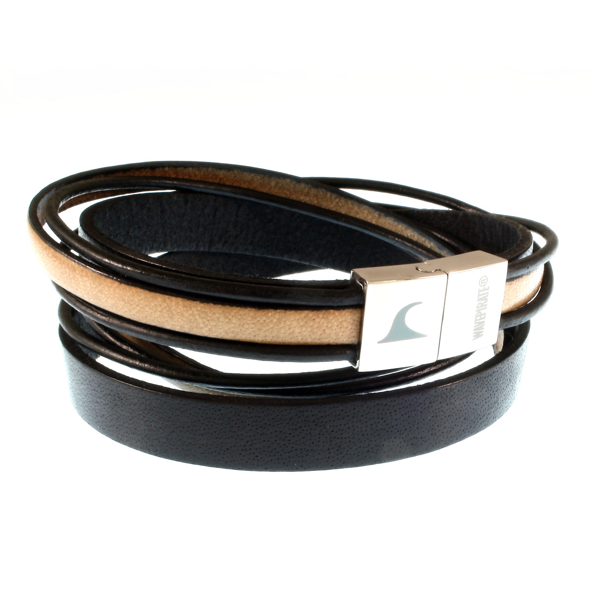 Lederarmband-Herren-Rockstar-schwarz-elfenbein-flach-Edelstahlverschluss-vorn-wavepirate-shop