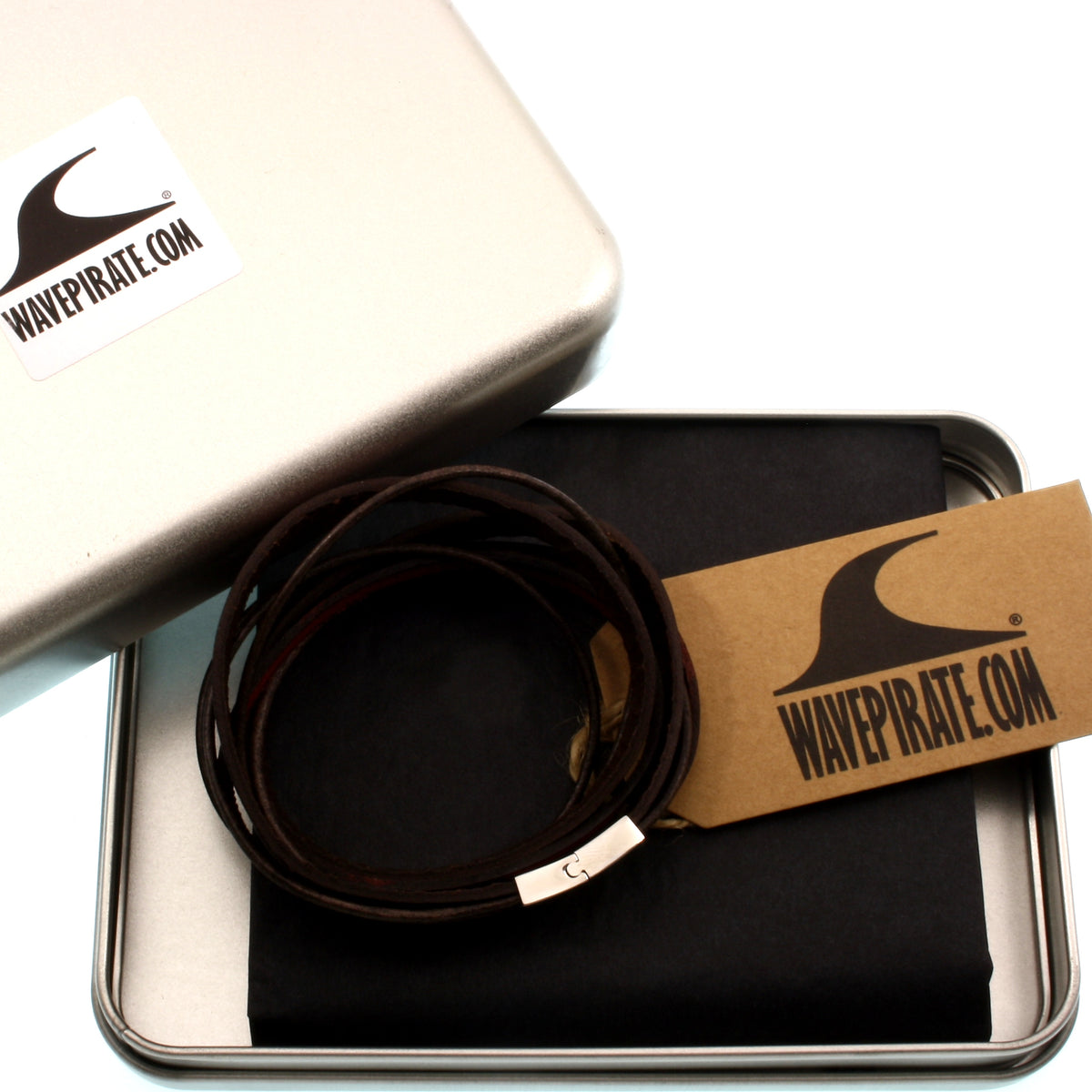 Lederarmband-Herren-Rockstar-schwarz-flach-Edelstahlverschluss-geschenkverpackung-wavepirate-shop