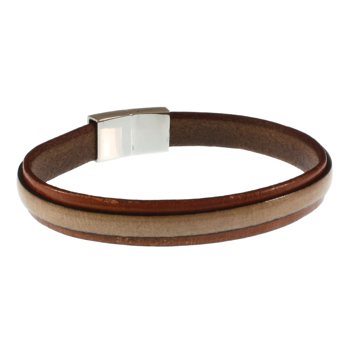 Herren-Leder-Armband-Line-cognac-elfenbein-flach-Edelstahlverschluss-hinten-wavepirate-shop