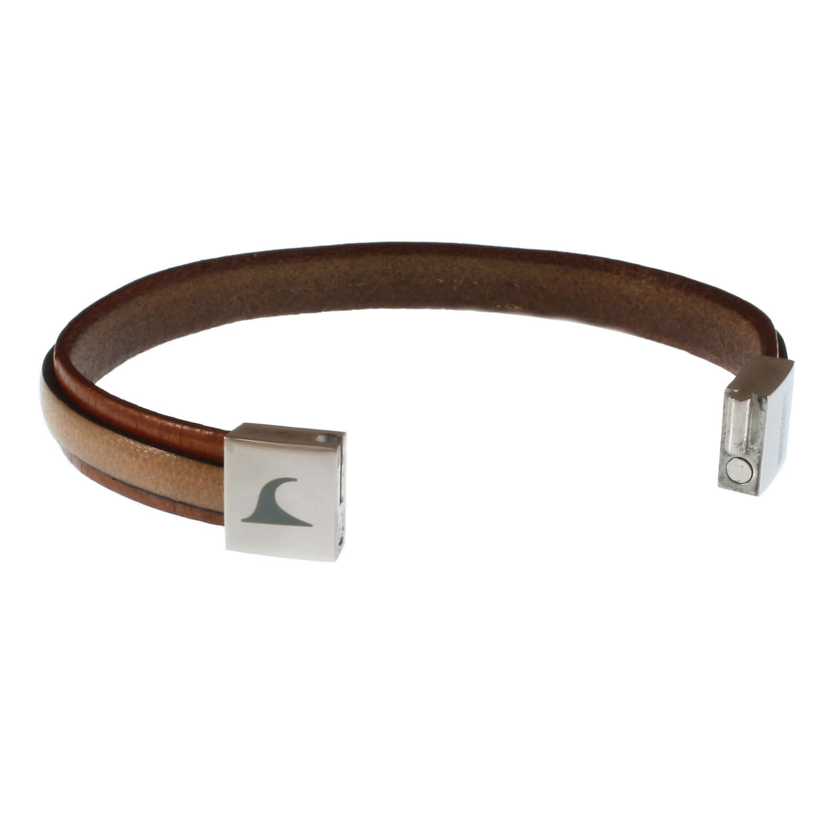 Herren-Leder-Armband-Line-cognac-elfenbein-flach-Edelstahlverschluss-offen-wavepirate-shop