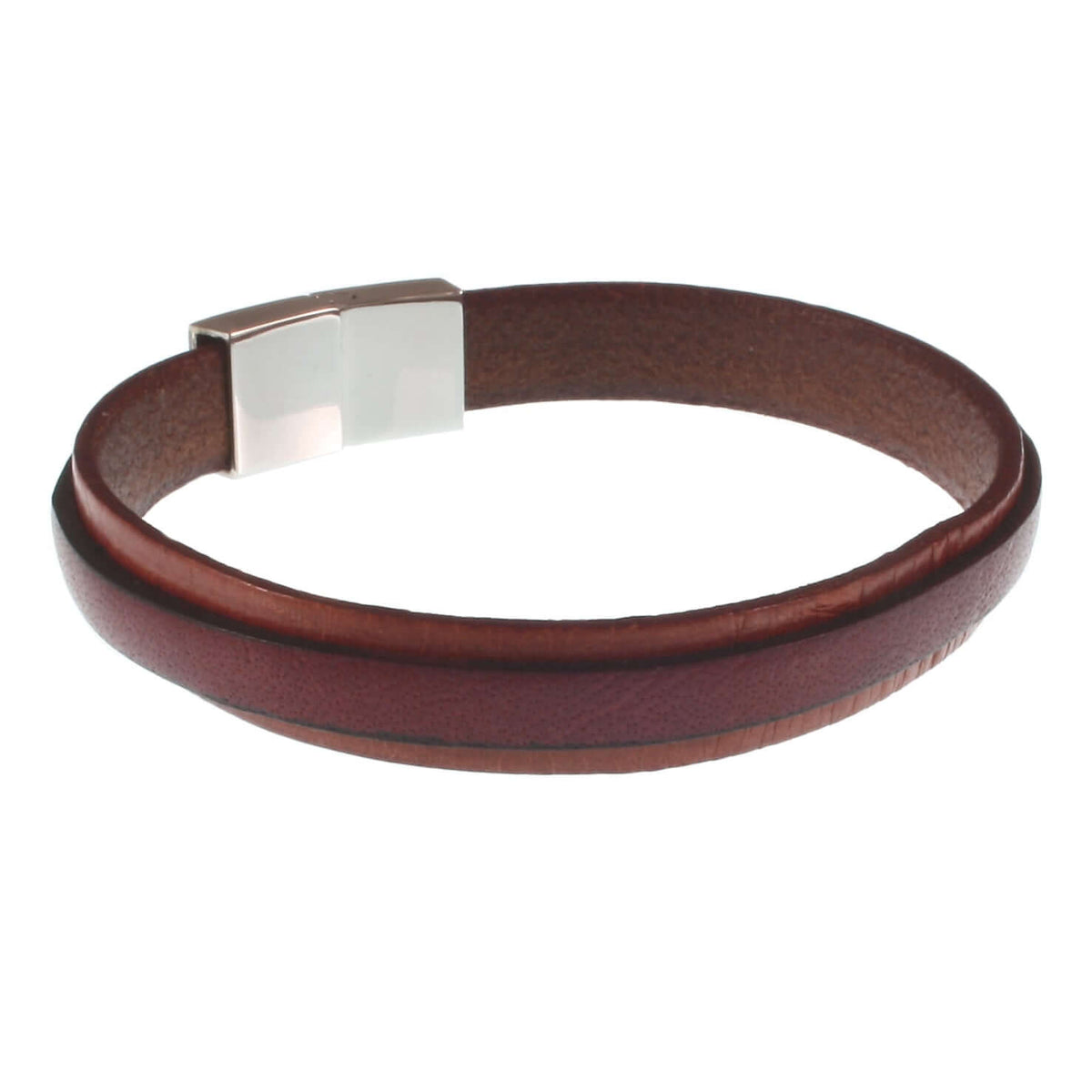Herren-Leder-Armband-Line-cognac-mahagoni-flach-Edelstahlverschluss-hinten-wavepirate-shop