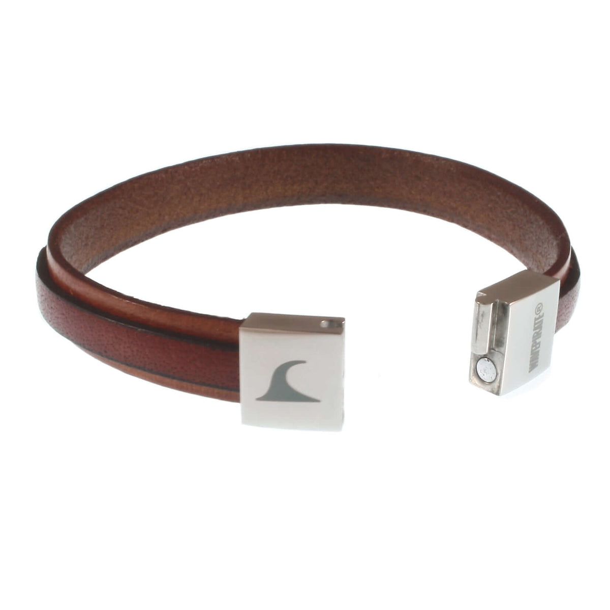Herren-Leder-Armband-Line-cognac-mahagoni-flach-Edelstahlverschluss-offen-wavepirate-shop