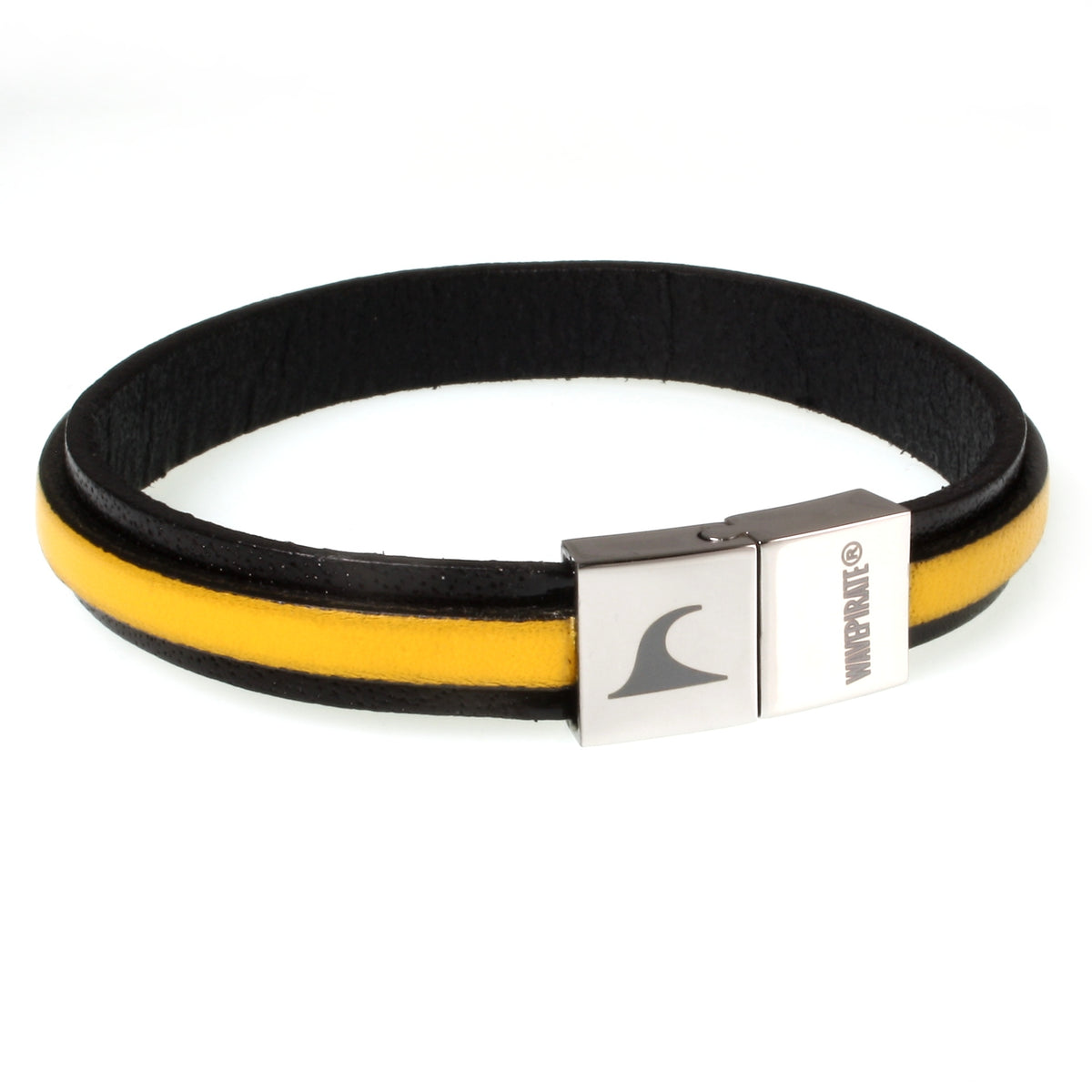 Herren-Leder-Armband-Line-schwarz-gelb-flach-Edelstahlverschluss-vorn-wavepirate-shop