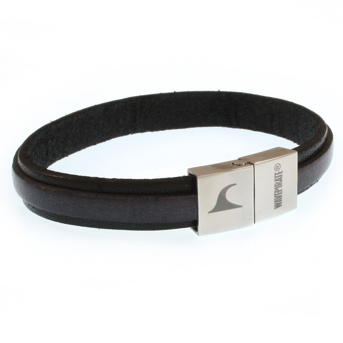 Herren-Leder-Armband-Line-schwarz-grau-flach-Edelstahlverschluss-vorn-wavepirate-shop